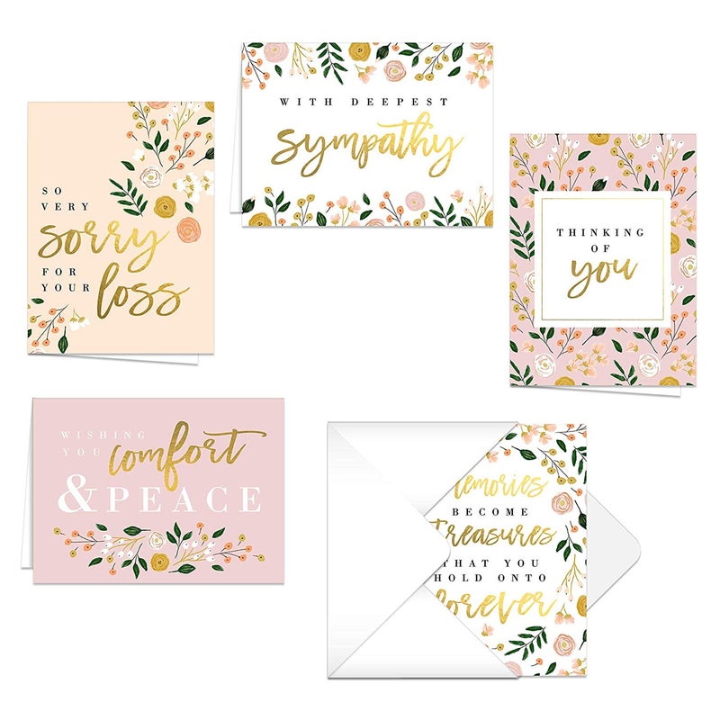 Canopy Street Modern Floral Sympathy Cards / 25 Loss Grief Comfort Cards / 5 Floral Thinking Of You Greeting Card Designs / 4 5/8" x 6 1/4" Condolences Note Cards - Image 1